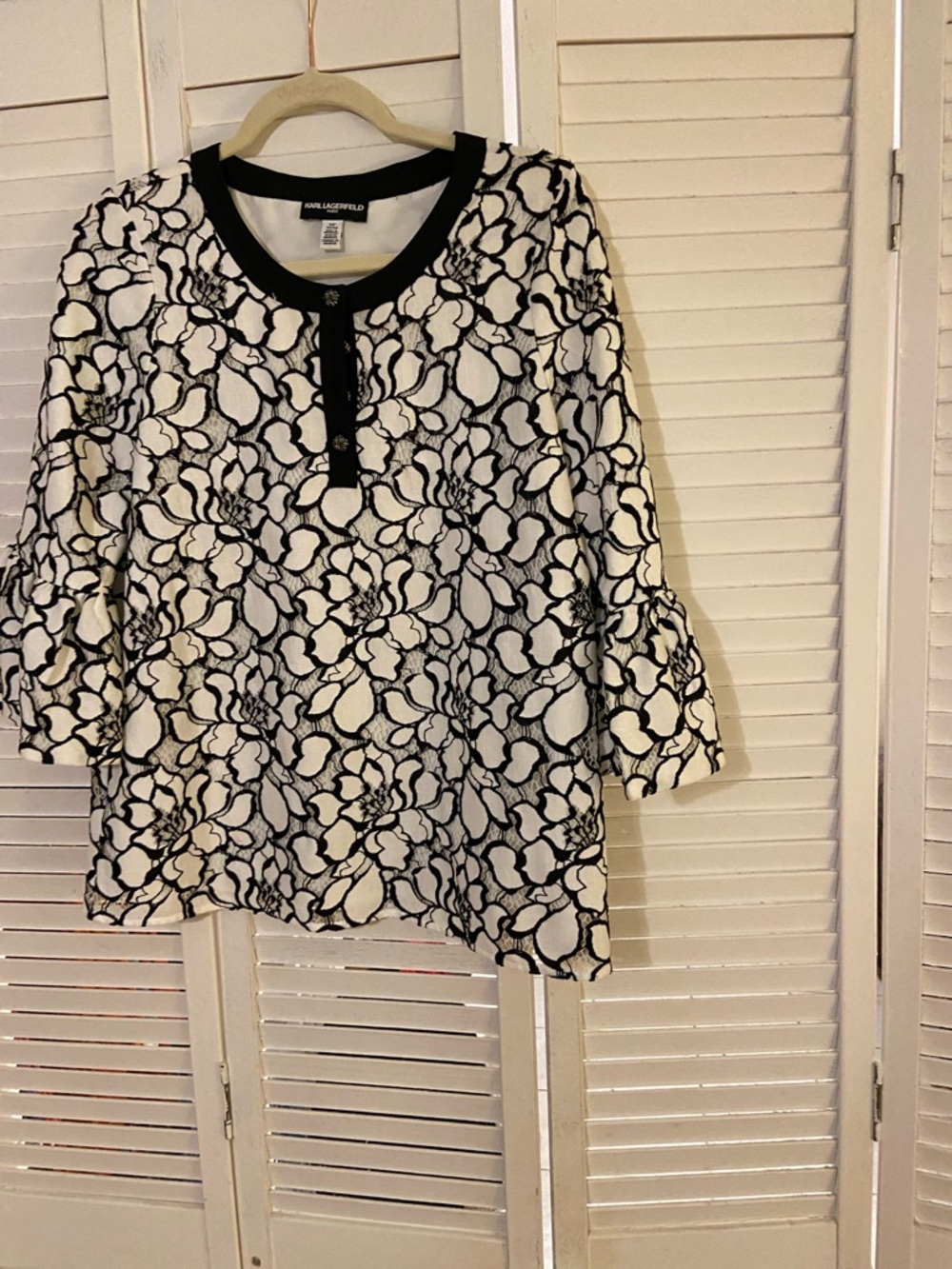 Karl Lagerfeld Black and White Floral Henley Blouse